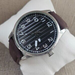 FMD Men Watch Faux Brown Leather Band Quartz Black Face Wristwatch